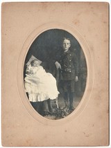 Cabinet Card Photo of young boy in uniform with his baby sister or brother 6&quot;x8&quot; - £7.50 GBP
