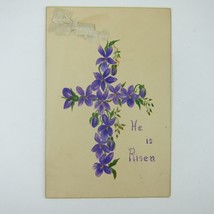 Victorian Greeting Card Easter Purple Flowers Christian Cross Ribbon Gold Edge - £7.82 GBP
