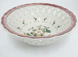 Portugal Pottery Colander Pierced Basket White w Yellow Flowers Mauve Ba... - £11.07 GBP