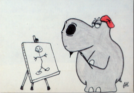 Vtg Postcard &quot;Hippo Art&quot; Colored Pencil drawing by John Hagerty c1985 - £5.26 GBP