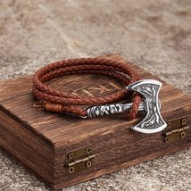 Norse Hatchet Multi-layer Leather Bracelets Men Stainless Steel Vikings Axe Wris - £13.26 GBP