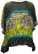 Green Brown Blue Zebra Flowy Sheer Cover Up Short Sleeve Shirt - Size Large - £11.64 GBP