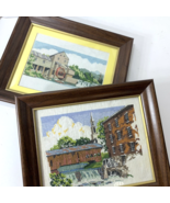 2 Framed Cross Stitch Pieces Buildings Covered Bridge Water Mill Church ... - £14.12 GBP