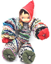 Vintage Yo Yo Cutie Doll Fabric Cloth Bendable Rag Handmade 13” Elf Toy w/Bells - £16.77 GBP