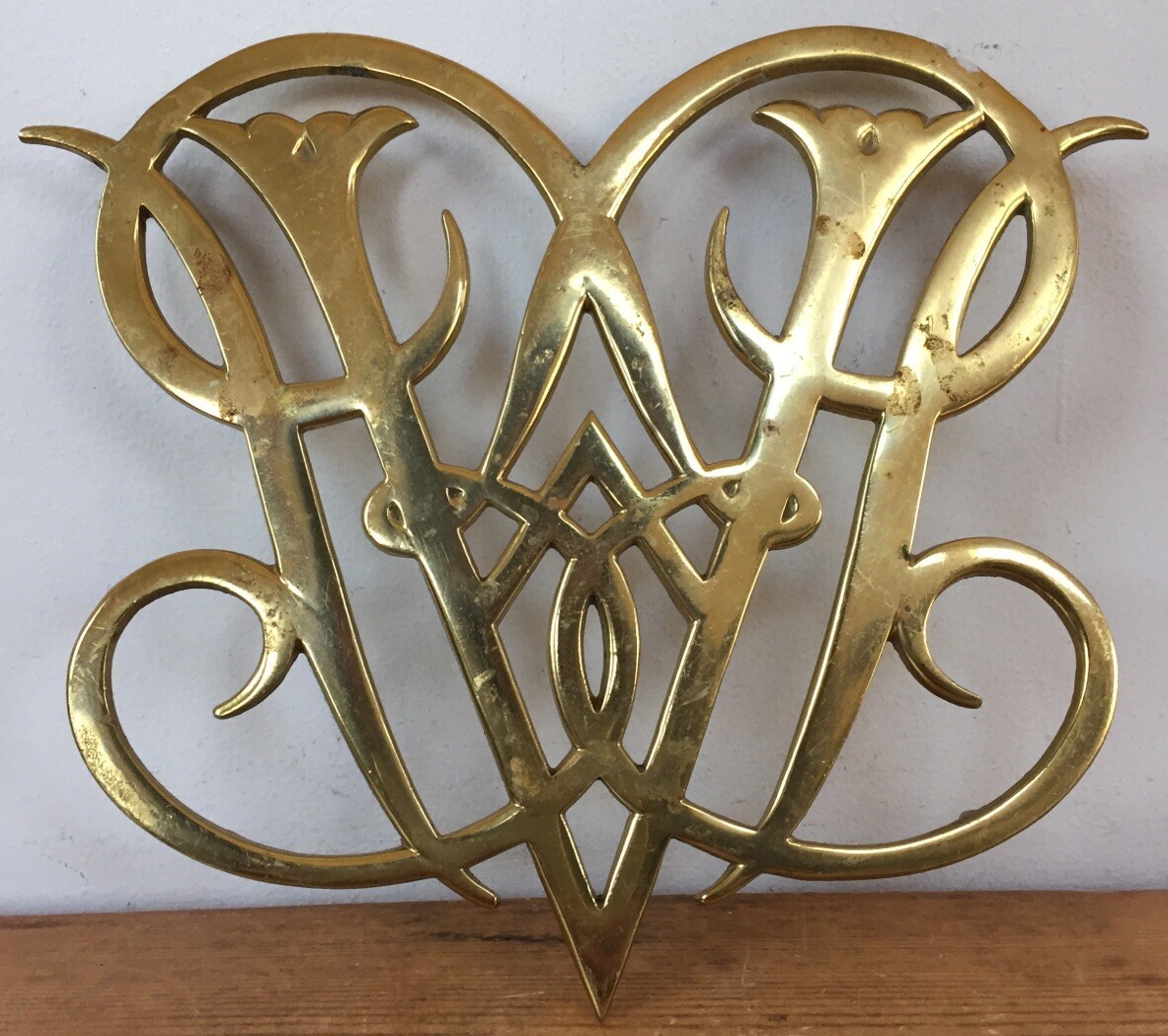 Vintage 1950 Solid Brass Colonial Williamsburg Queen Ann Cypher Trivet C... - $39.59
