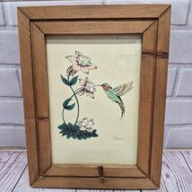 Signed Hand Drawing Hummingbird  Flowers Framed 8.5inX6.5in - $28.50