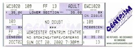 No Doubt Concert Ticket Stub October 20 220 Worcester Massachusetts - £19.39 GBP