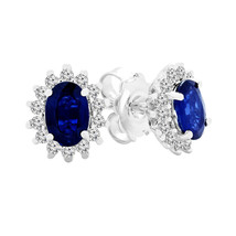 1.50 CT Oval Cut Simulated Blue Sapphire &amp; CZ Halo Stud Earrings Sterling Silver - £44.10 GBP