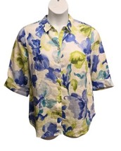 Chicos Linen Top Womens 8/M Iris Floral Print No Iron Button Front 3/4 S... - $20.30