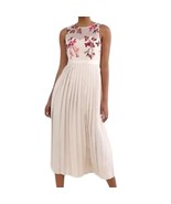 Little Mistress Cream Red Pink Embroidered Flowers Accordion Pleat Midi ... - $33.38