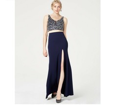 Say Yes To The Prom Junior Womens 15/16 Navy Silver 2 Pc Bejeweled Slit ... - £39.66 GBP