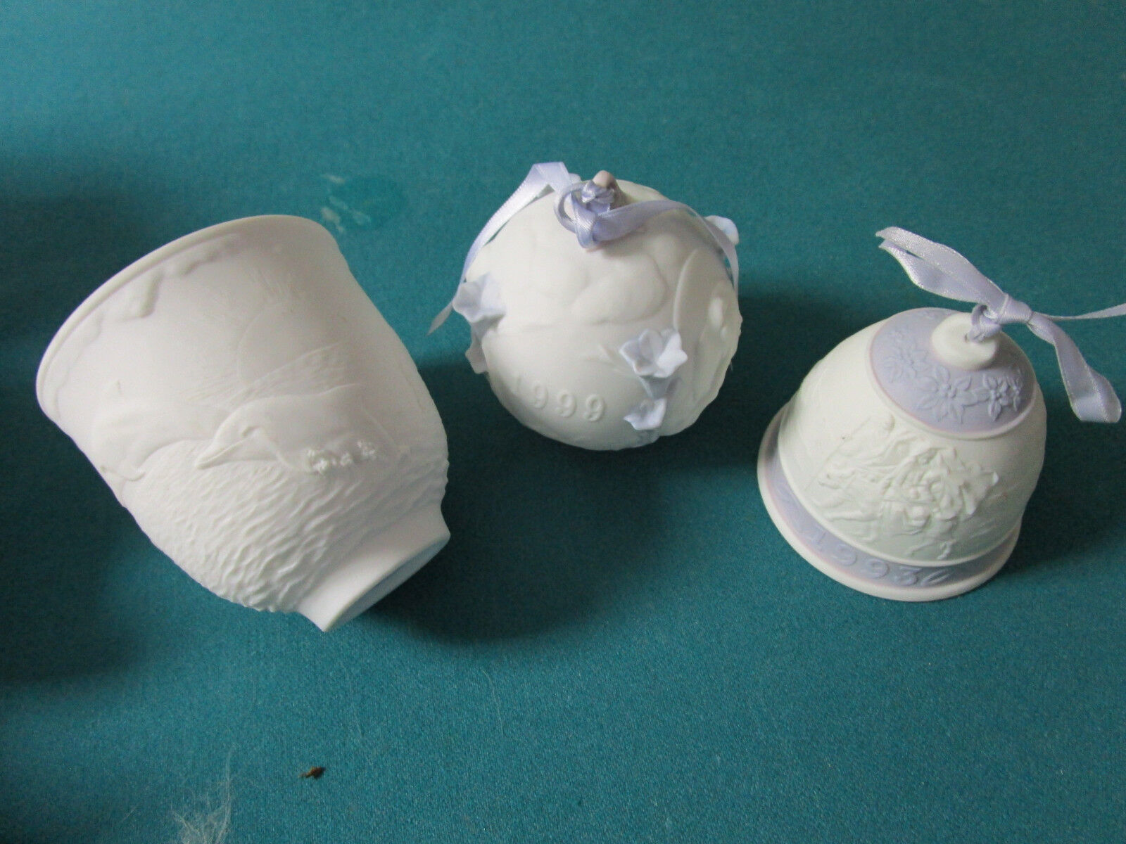 LLADRO BISQUE  LOT &#39;93  BELL, &#39;99 GLOBE CHRISTMAS ORNAMENT- DOLPHIN CUP ... - $84.14