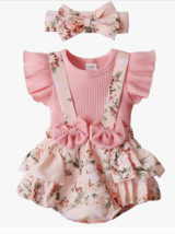 3Pcs  Baby Girl SHORT Sleeve Romper Tops Floral Pants Headband Clothes  3-6 MOS - £15.65 GBP