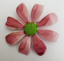 Vintage Enamel Flower Brooch Pin Pink Green 2 1/2&quot; - £23.32 GBP