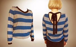 V BACK KNITTED JUMPER Long Sleeve Striped Sweater European Jersey Blouson - £50.08 GBP