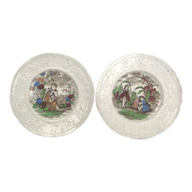 Pair Antique Staffordshire Child&#39;s Plates Children In Garden Embossed Floral Rim - £36.55 GBP