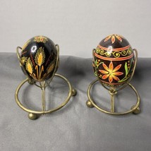 Vintage Set of 2  (Ukrainian) Folk Art Hand Painted Wooden Eggs &amp; Stands... - $37.40