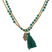 Gleaming Malachite Hand of Hamsa Green Tassel Brass Bead Necklace - $13.85