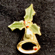 Christmas Bell Holly Pin Brooch Painted Gold Tone Vintage - £7.87 GBP
