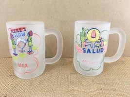 Hazel Atlas Gay Fad Set of 2 Salud Mexico Here&#39;s How Vtg Frosted Beer Mugs (2) - £22.59 GBP