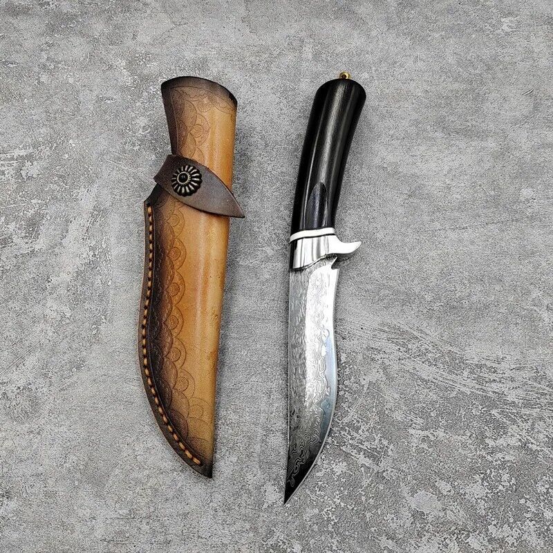 DAMASCUS STEEL BLADE EBONY HANDLE STRAIGHT KNIFE SURVIVAL KNIFE BOWIE W/... - $114.84
