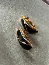 Trifari Signed Black Enamel &amp; Goldtone J Hook Clip Earrings – marked on ... - £11.62 GBP