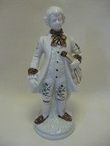 Figurine Colonial Man with Mandolin Brown Flower Print Gold On White 8&quot; ... - $9.95