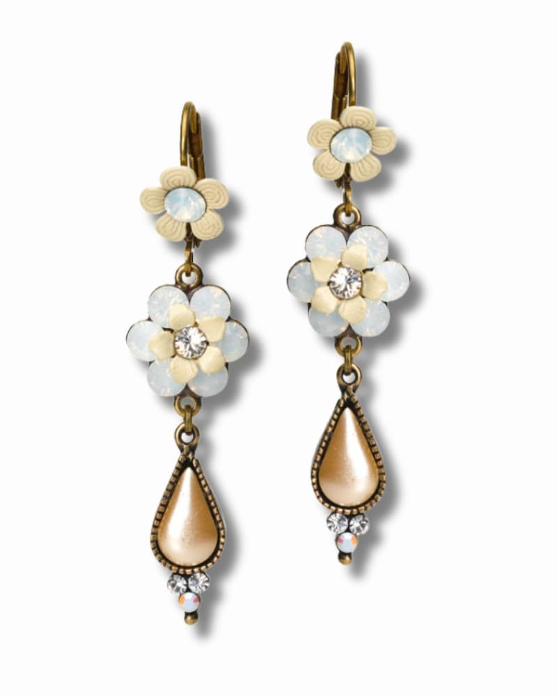 Elegant Vintage Brass Floral Dangle Drop Earrings w/Swarovski Crystals F... - $65.66