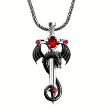 Dragon  Sword Pendant Necklace Red Rhinestones Gothic Jewelry Stocking Stuffers - £6.31 GBP