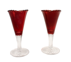 Antique Tulip Shape Vases Ruby Stain Clear Stem Set of 2 - £14.56 GBP
