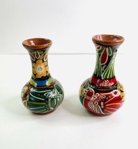2 Vintage Mexican Pottery Vases Hand Painted In Mexico Bud Vase 6&quot; Bird &amp; Flower - £26.11 GBP