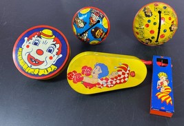 Vintage Noise Makers Kirchhof LIfe of the Party Tin Clown Jester Music lot of 5 - £15.29 GBP