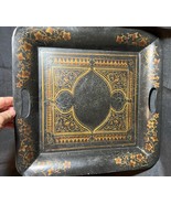 Vintage Black &amp; Gold Tole Painted Tin Metal Handled Square Serving Tray ... - $239.95 CAD
