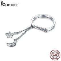 Authentic 925 Sterling Silver Moon and Star Link Chain Adjustable Finger Rings f - £17.37 GBP