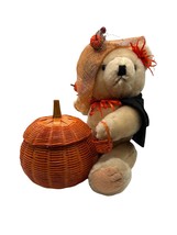 Plush Halloween Bear Black Cape Straw Hat Woven Pumpkin Basket w/lid Fall Decor - £19.08 GBP