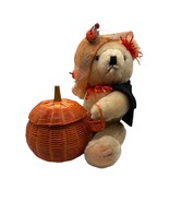 Plush Halloween Bear Black Cape Straw Hat Woven Pumpkin Basket w/lid Fal... - $26.16