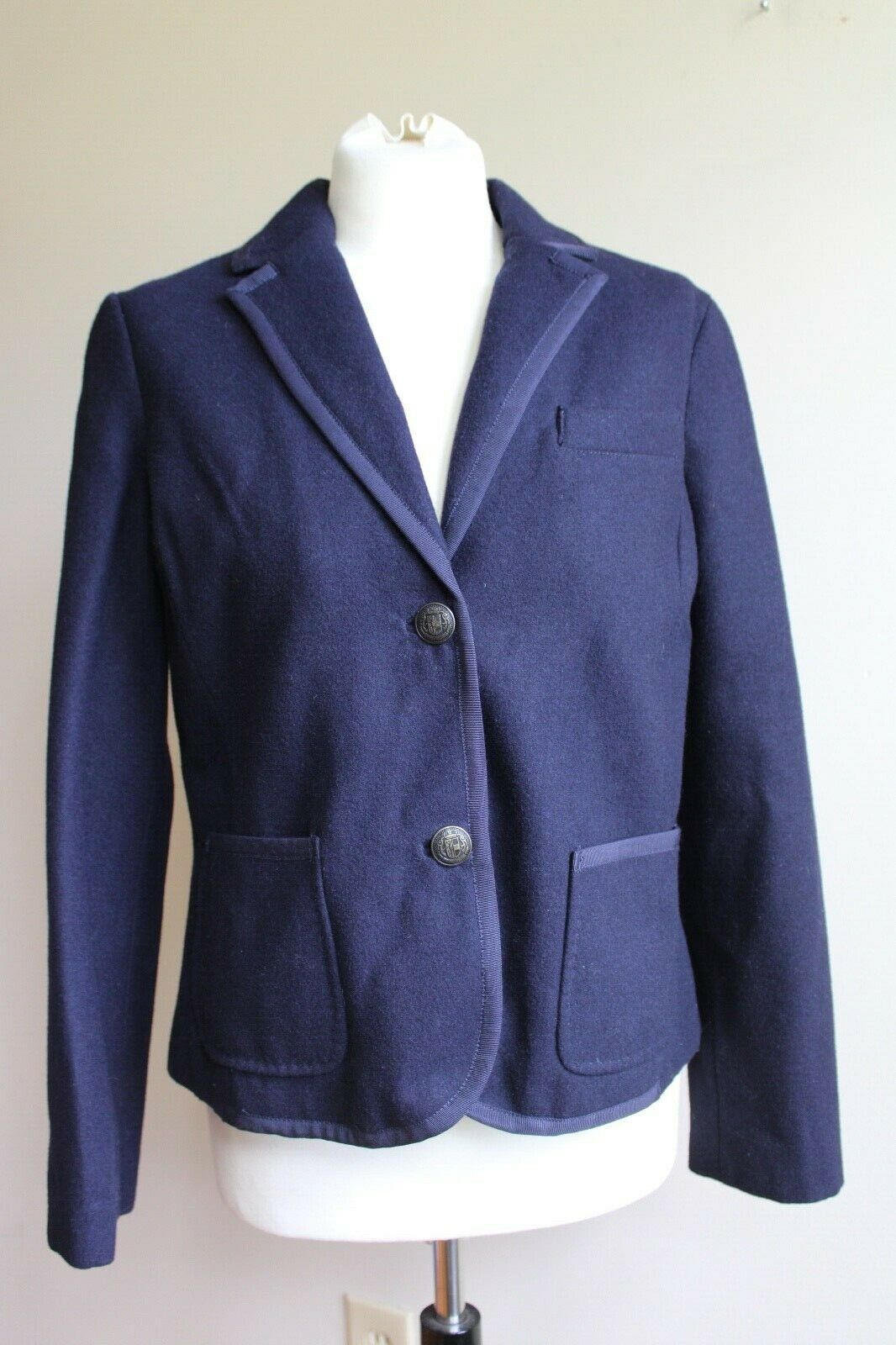 Primary image for Lands End 8P Petite Navy Blue Wool Blend Blazer Metal Button Ribbon Trim College