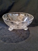Vintage Clear Glass Trifooted Etched Floral Bowl. Pressed Glass. Art Deco - $11.30