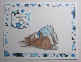 House Mouse Bunny with Bottle Handmade Card Welcome Baby Boy Blue Stars - £4.89 GBP