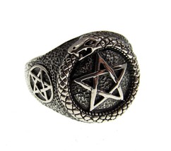 Solid 925 Sterling Silver Men&#39;s Ouroboros Pentacle Pentagram Ring Size 10-14 - £43.24 GBP