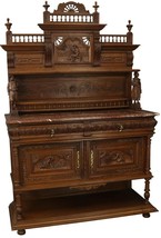 Antique Server Sideboard Brittany Carved Figures Pastoral Folk Oak Marble - £3,248.32 GBP