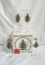 Spode Christmas Tree Set of FOUR 4 All Purpose Wine Glasses Gold Rim in Box - £26.36 GBP