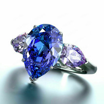 2.50Ct Pear Cut Blue Sapphire Solitaire Engagement Ring 14K White Gold Finish - £74.15 GBP