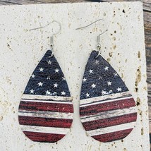 3&quot; Silver Patriotic Teardrop Vegan Leather Earrings Distressed American Flag - £8.69 GBP
