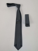Mens Narrow Tie/Hankie Set Woven Vito Rofolo VTR-110 Black Gray Stripe image 2