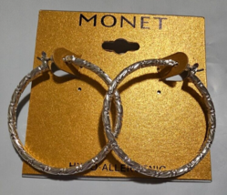 Monet Silver Tone Carved Hoop Earrings Hypo Allergenic 1 1/2 Inch NEW - £11.41 GBP