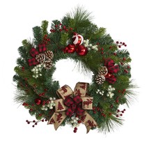 Nearly Natural 24&quot; Christmas Artificial Wreath with Pine Cones C210538 - £44.90 GBP