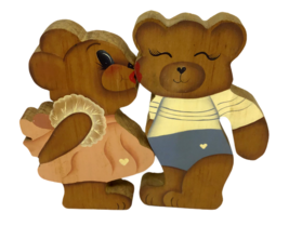 Kissing Bears Country Hand Painted Girl Boy Shelf Sitter Decor Wood Couple Lot 2 - £12.54 GBP