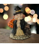 Halloween Ceramic Witch Figure Mini Diorama Black Cat Broom Pumpkin Vint... - £7.78 GBP