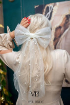 Tulle ivory veil bow with pearls 23 cm (9&#39;&#39;) width x 50 cm (19&#39;&#39;) length - £12.84 GBP